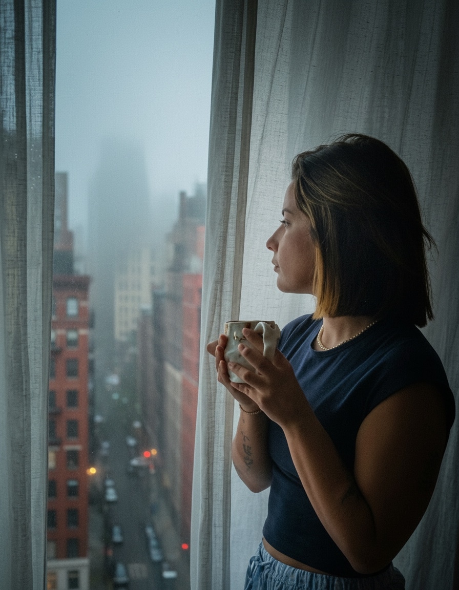Joana at a window with a cup, looking out at a grey, rainy city